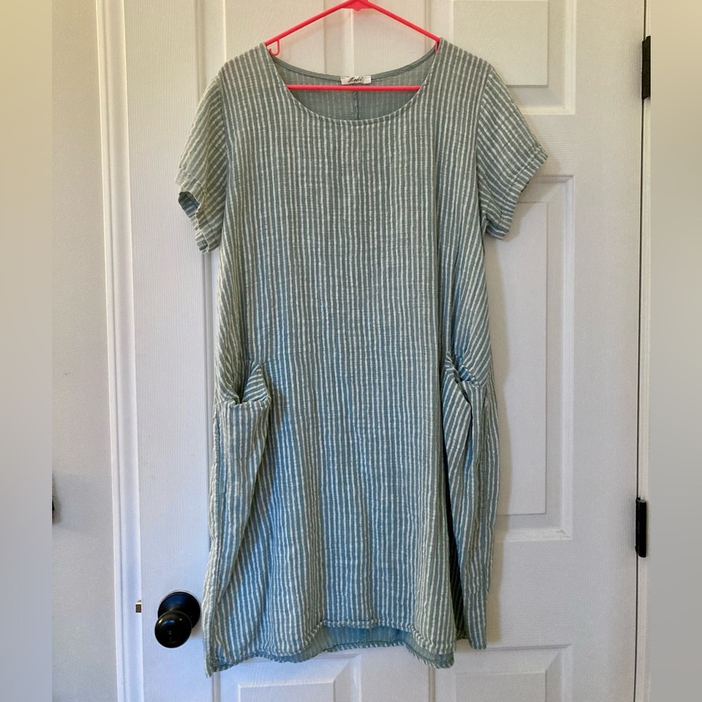 Italian Linen Green and White Striped Dress